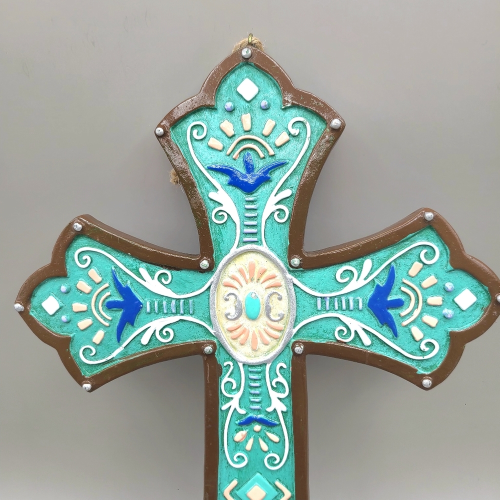 Wooden Wall Cross with Turquoise Inlay & Scroll Details - Picture 2 of 5